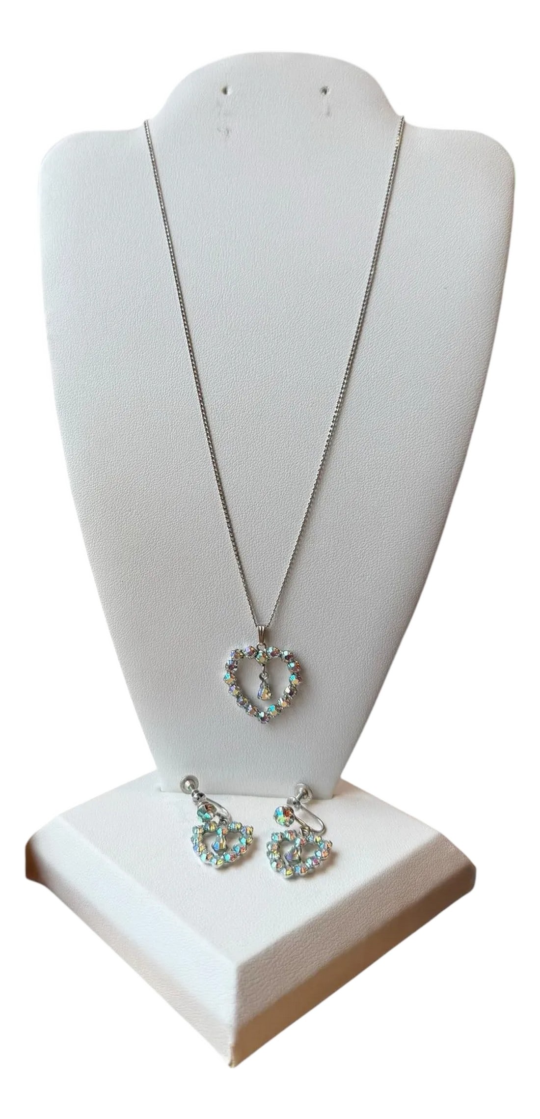 Mid 20th Century B David Aurora Borealis Rhinestone Earrings Necklace Heart Set Marked Sterling - 3 (1 of 11)