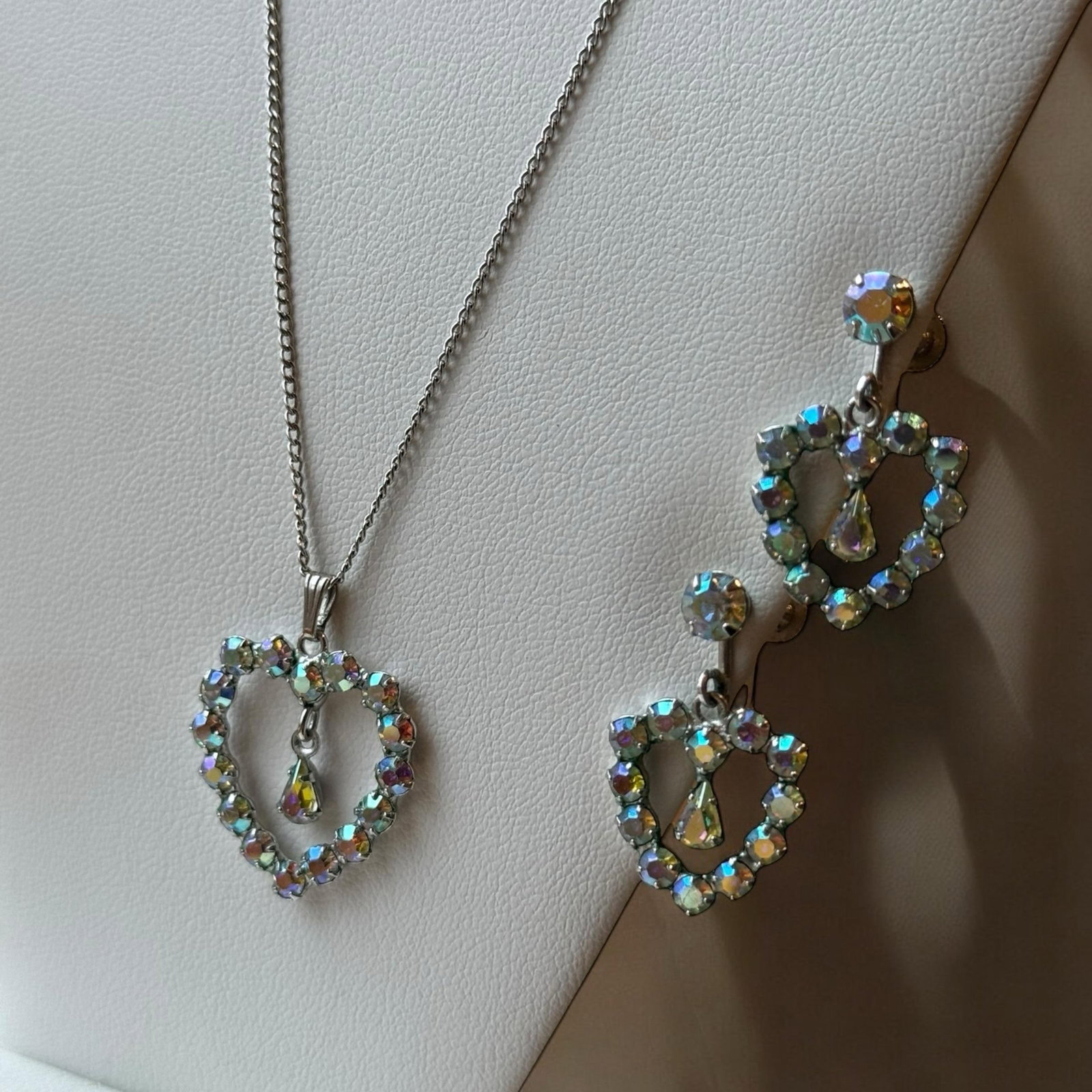 Mid 20th Century B David Aurora Borealis Rhinestone Earrings Necklace Heart Set Marked Sterling - 3 - 2