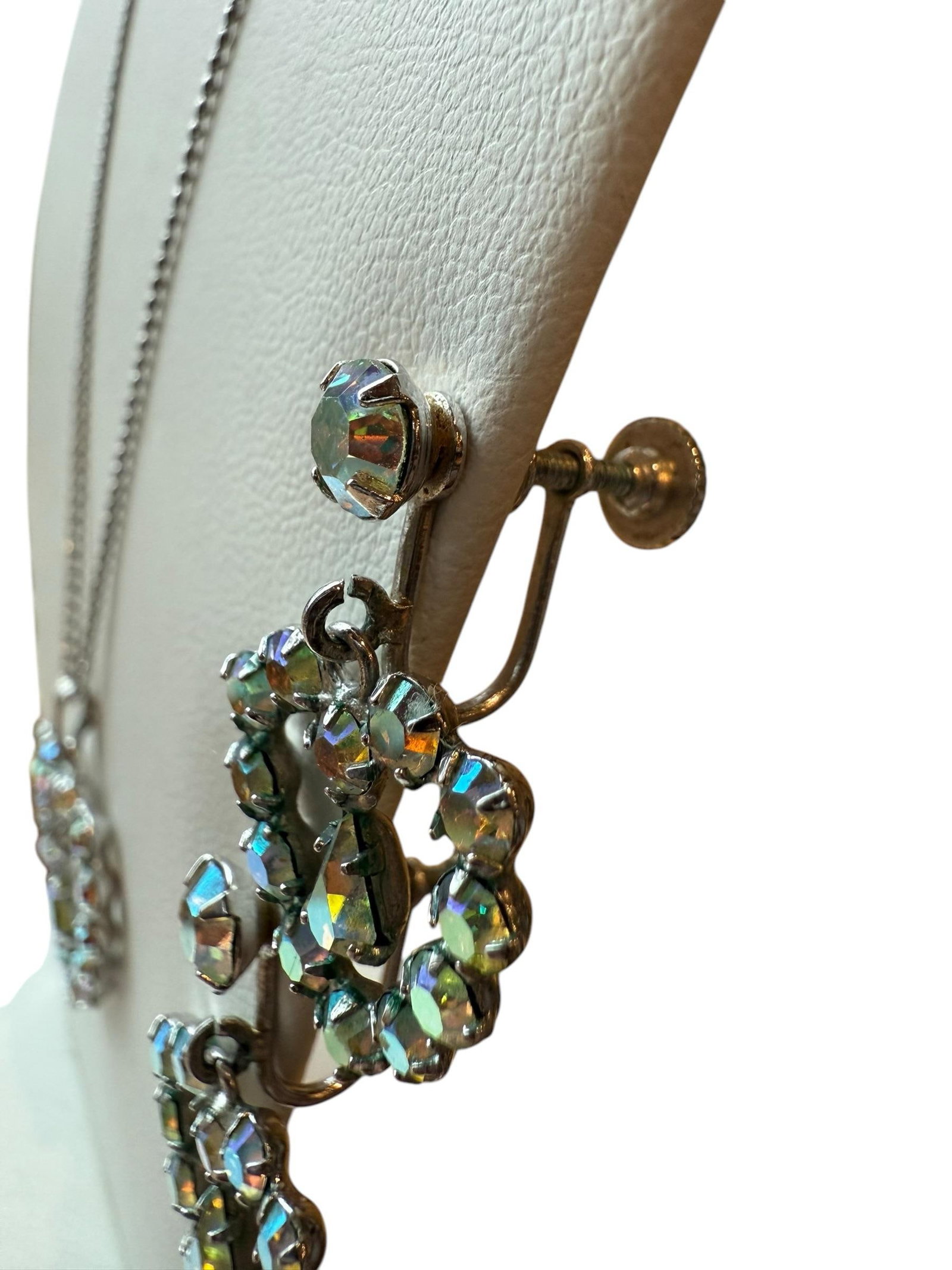 Mid 20th Century B David Aurora Borealis Rhinestone Earrings Necklace Heart Set Marked Sterling - 3 - 3