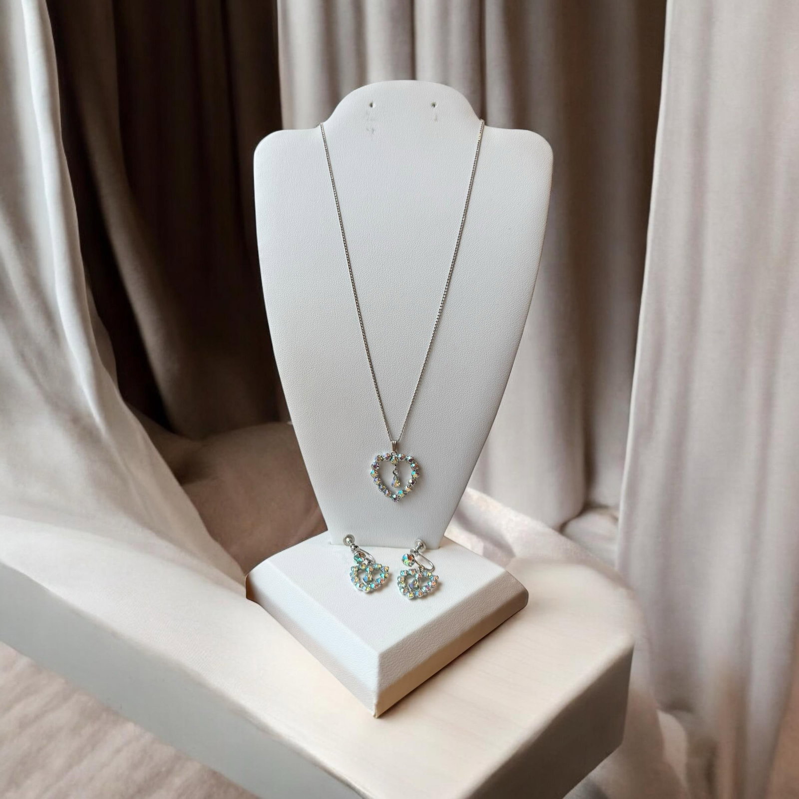 Mid 20th Century B David Aurora Borealis Rhinestone Earrings Necklace Heart Set Marked Sterling - 3 - 5