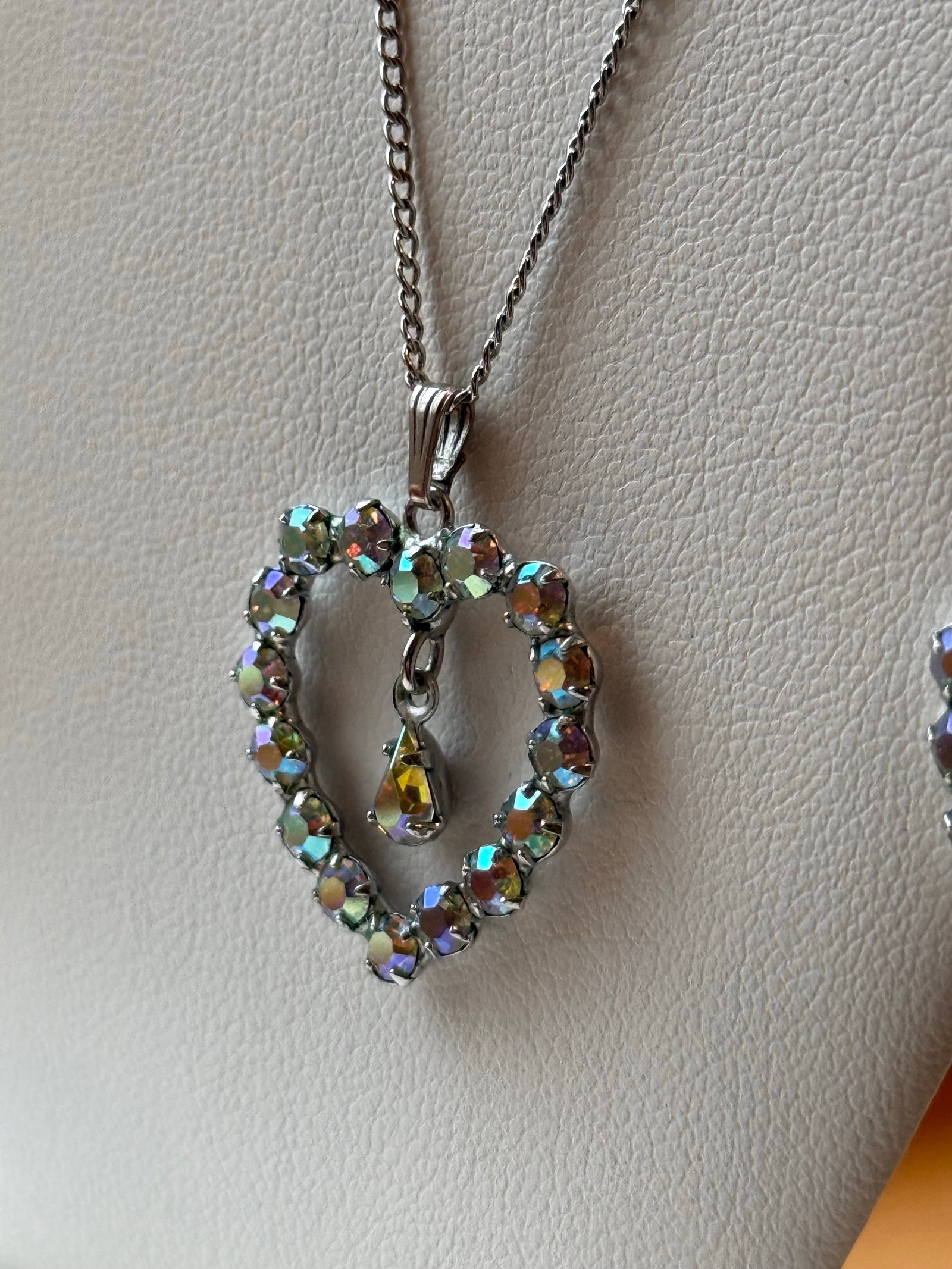 Mid 20th Century B David Aurora Borealis Rhinestone Earrings Necklace Heart Set Marked Sterling - 3 - 6