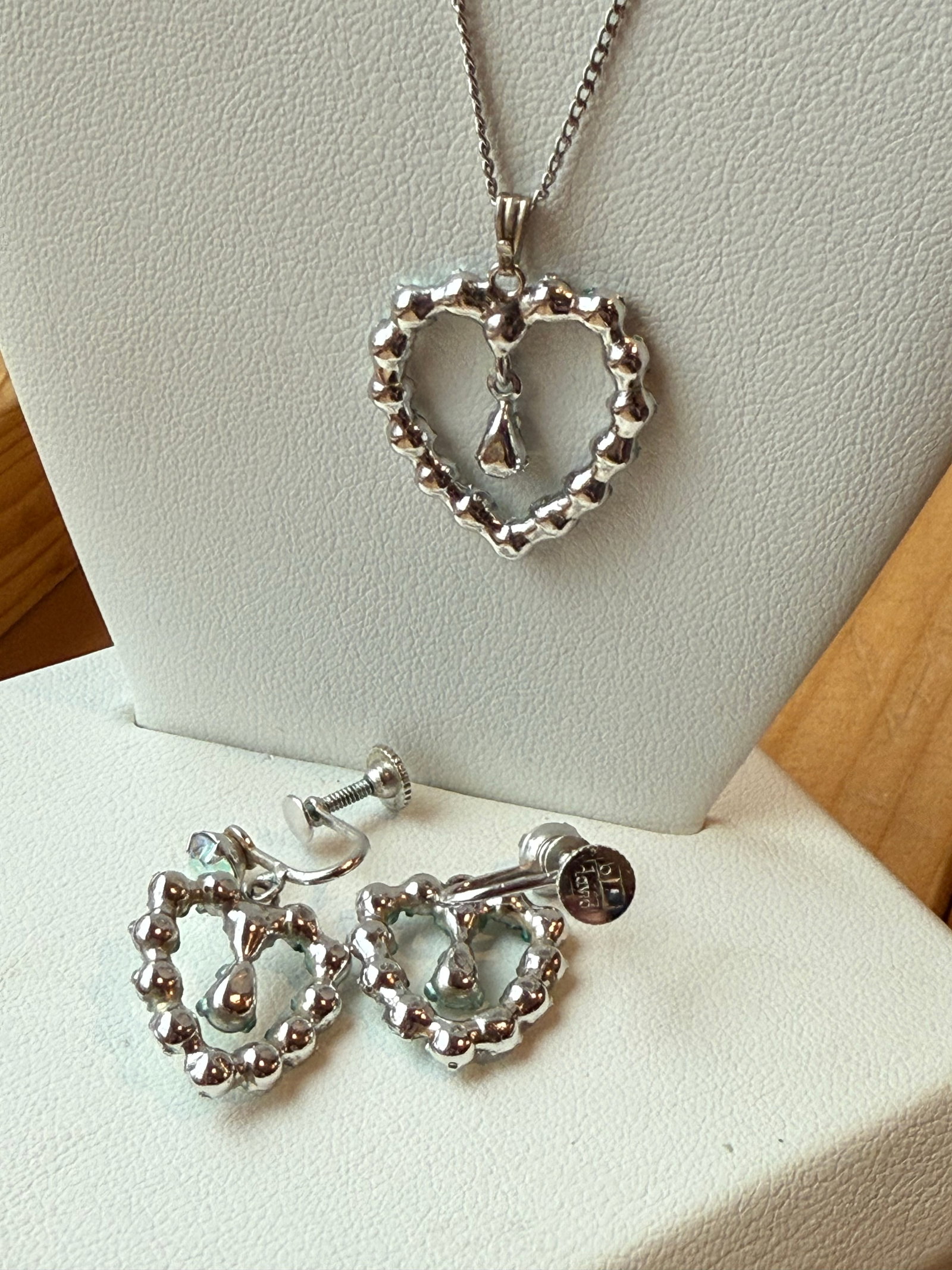 Mid 20th Century B David Aurora Borealis Rhinestone Earrings Necklace Heart Set Marked Sterling - 3 - 8