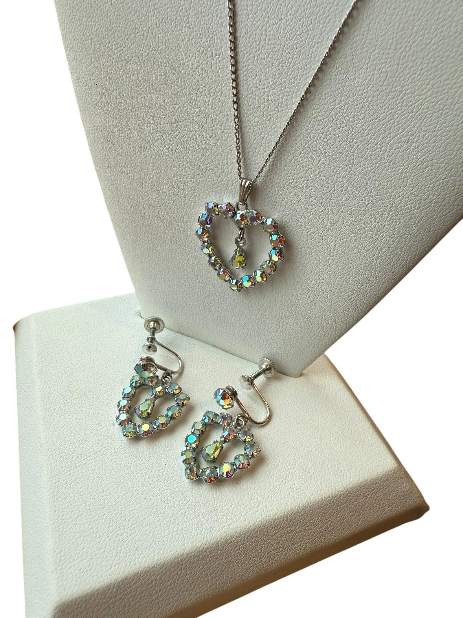 Mid 20th Century B David Aurora Borealis Rhinestone Earrings Necklace Heart Set Marked Sterling - 3 - 9