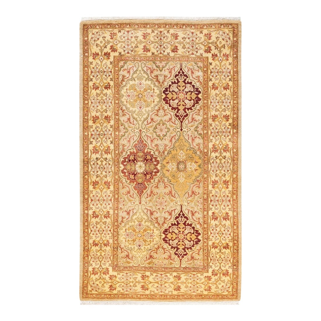 Mogul, One-of-a-Kind Hand-Knotted Area Rug - Yellow, 3' 2" x 5' 5": With understated palettes and allover designs, the rugs in the Mogul Collection will bring timeless sophistication to any room. Influenced by a spectrum of Turkish, Indian, and Persian designs, the