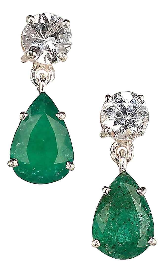 Dangle Emerald and Scintillating Real Zircon Earrings - 2 Pieces: Exquisite Emerald and Zircon Dangle Earrings Elevate your jewelry collection with these stunning dangle earrings, featuring vibrant Emeralds and sparkling genuine Zircon. Expertly crafted and