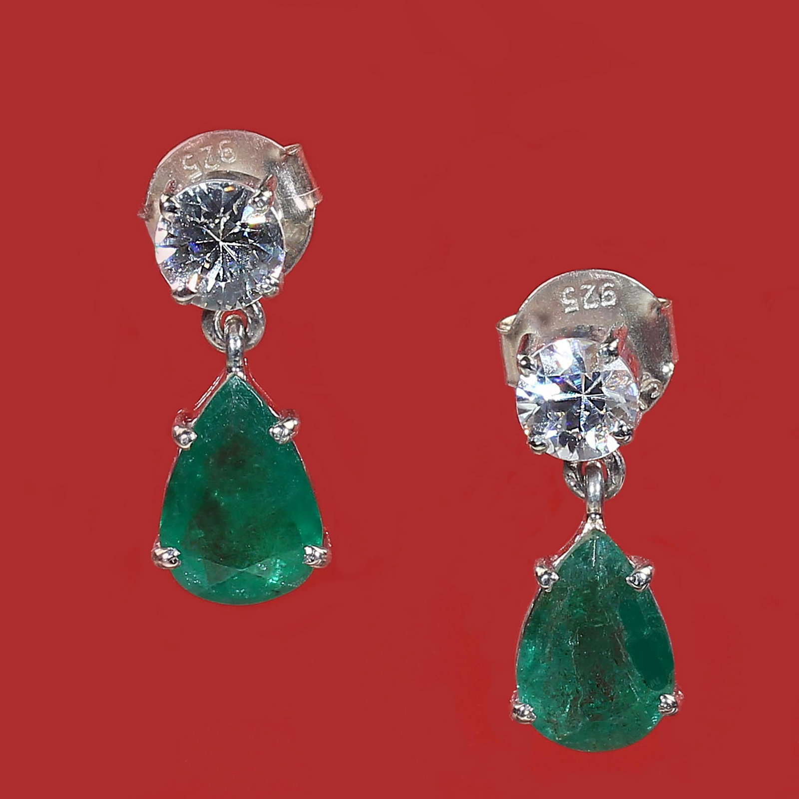 Dangle Emerald and Scintillating Real Zircon Earrings - 2 Pieces - 4