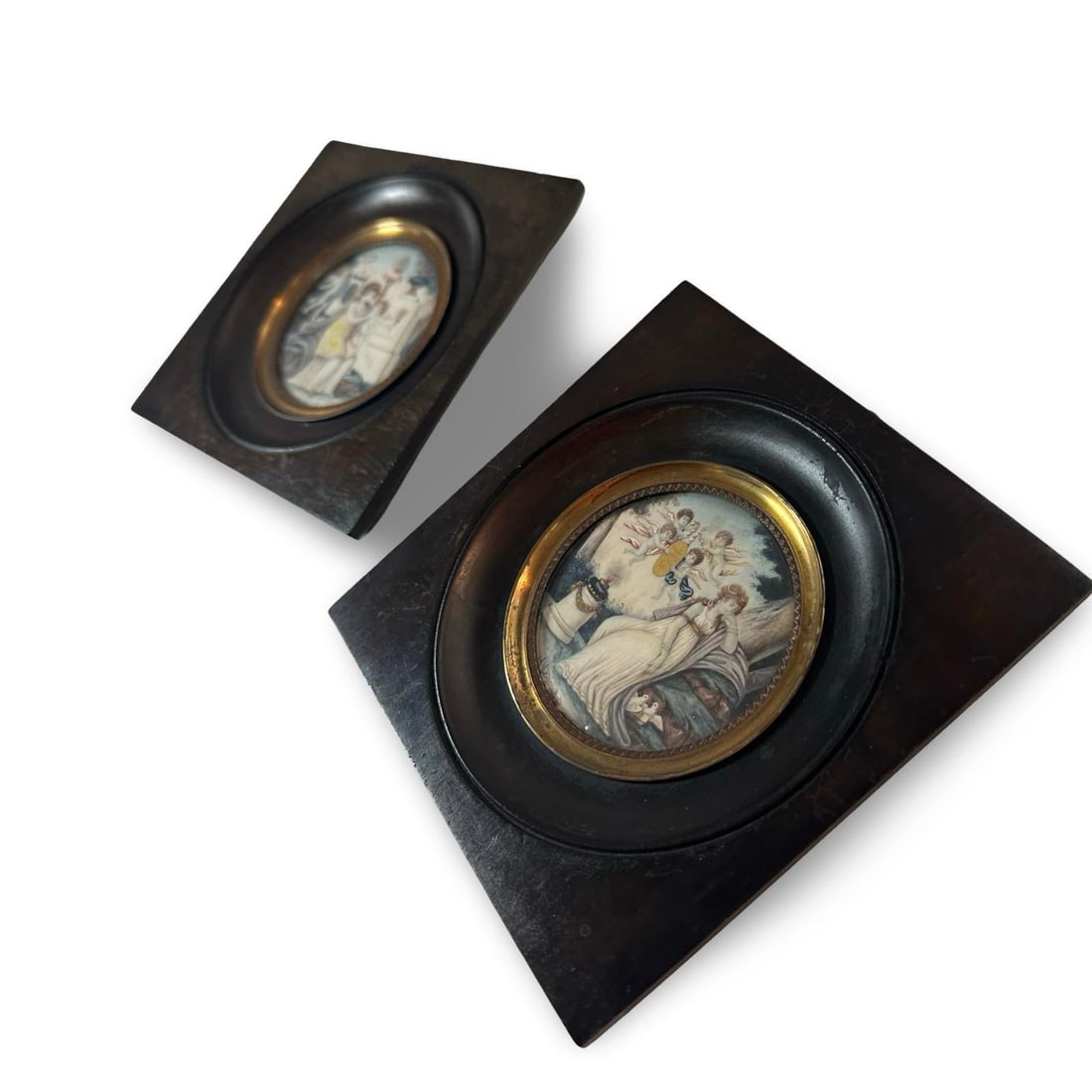 19th Century Neoclassical Miniature Painting Pair in Original Ebonized Frames & Glass, Circa 1850, P - 12