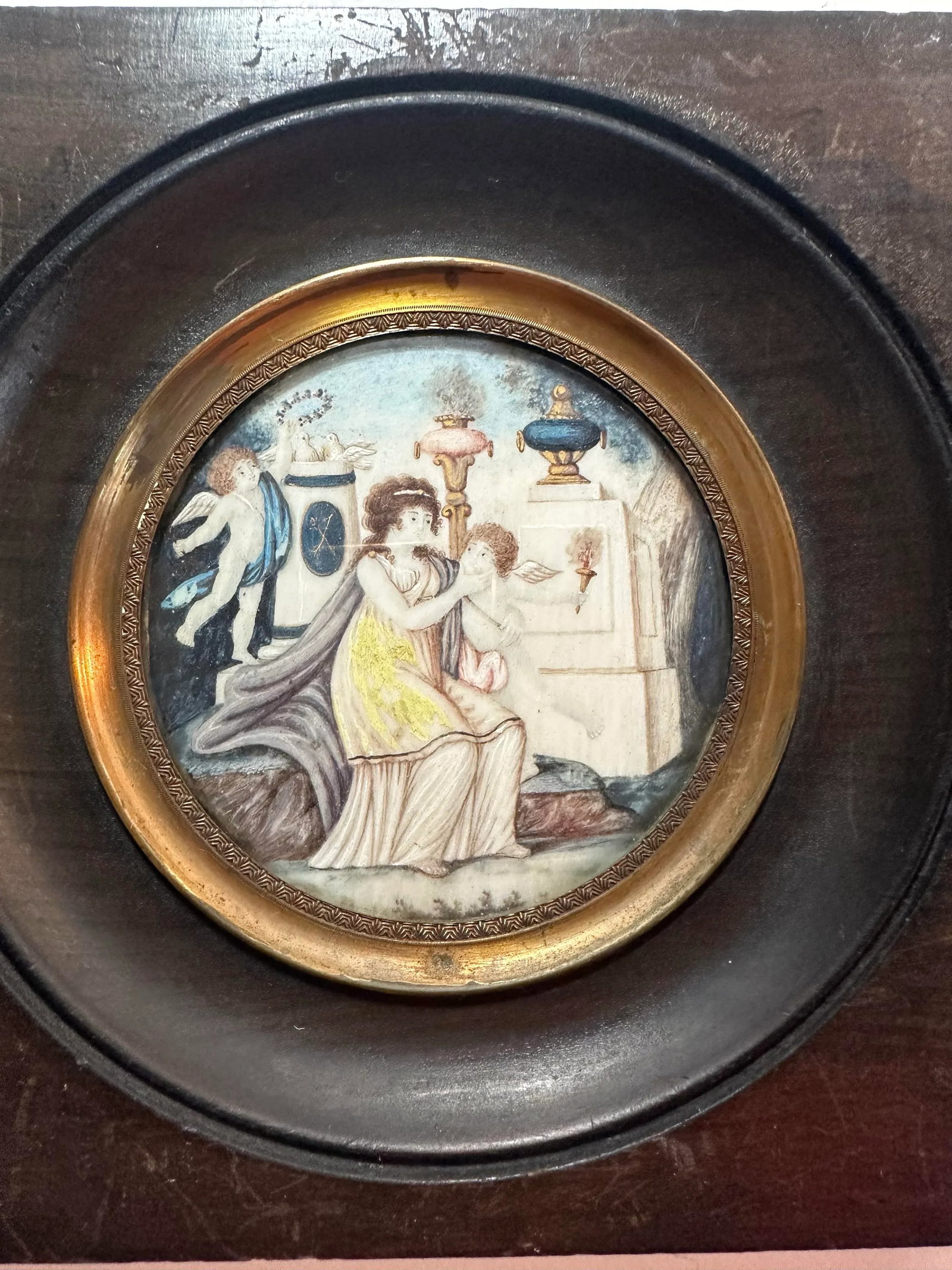 19th Century Neoclassical Miniature Painting Pair in Original Ebonized Frames & Glass, Circa 1850, P - 2