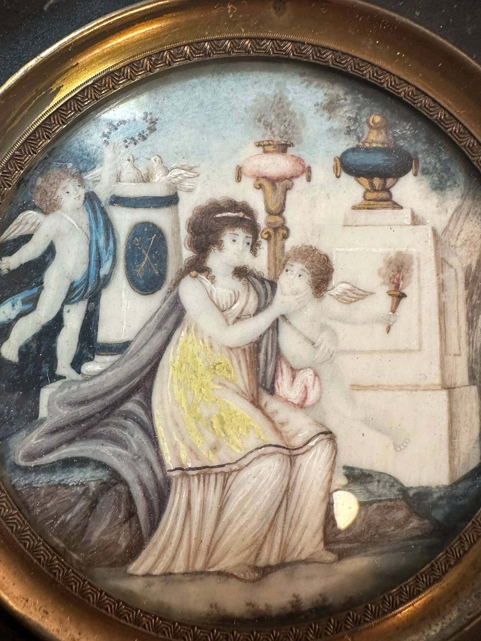 19th Century Neoclassical Miniature Painting Pair in Original Ebonized Frames & Glass, Circa 1850, P - 6