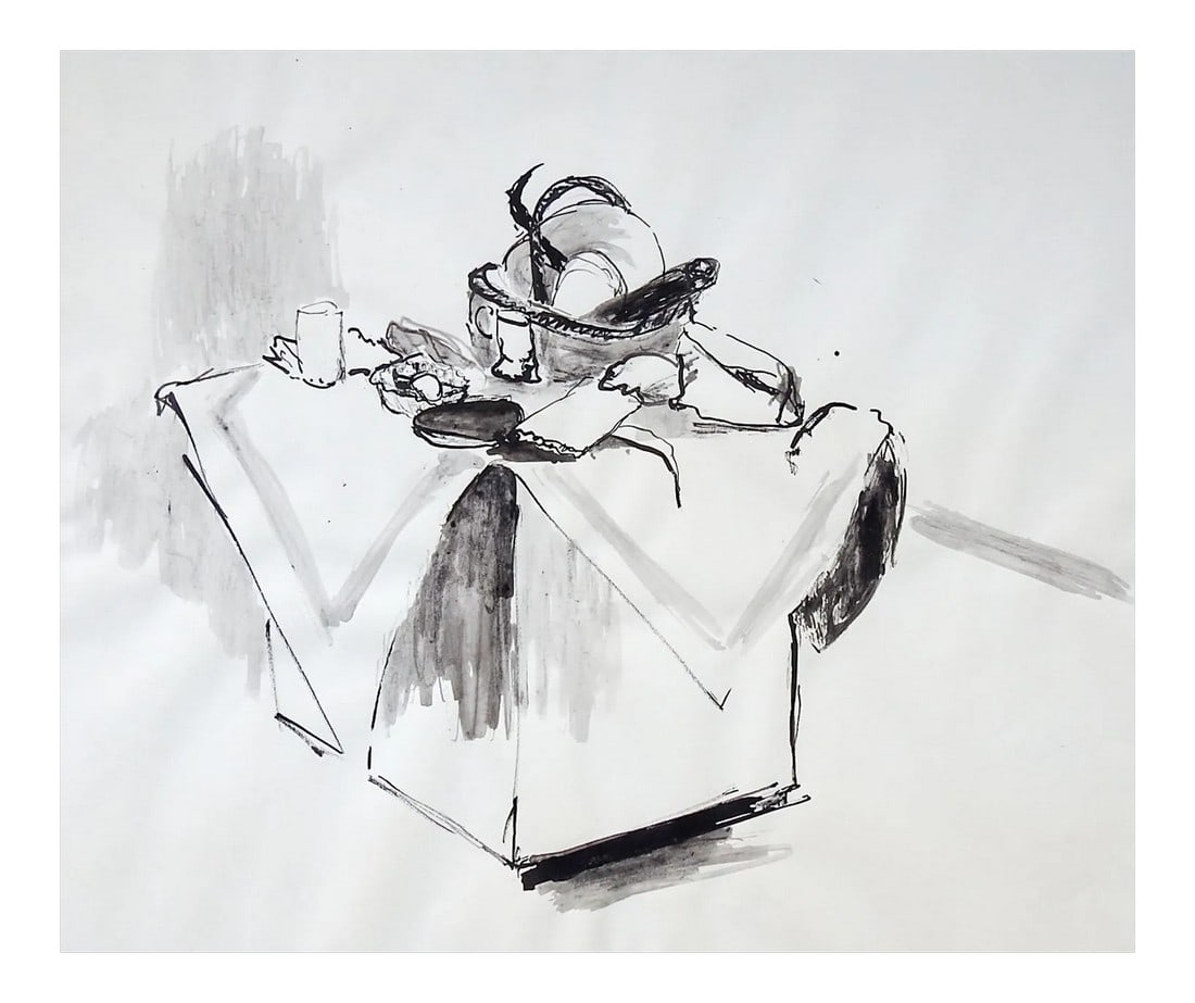 Mid 20th Century Modernist Pen & Ink Still Life Drawing: Pen and ink on paper modernist still life. Unsigned. Unframed, cockling to paper. Condition: Alterations: Original Condition Unaltered Imperfections: Some Imperfections Condition Notes: some