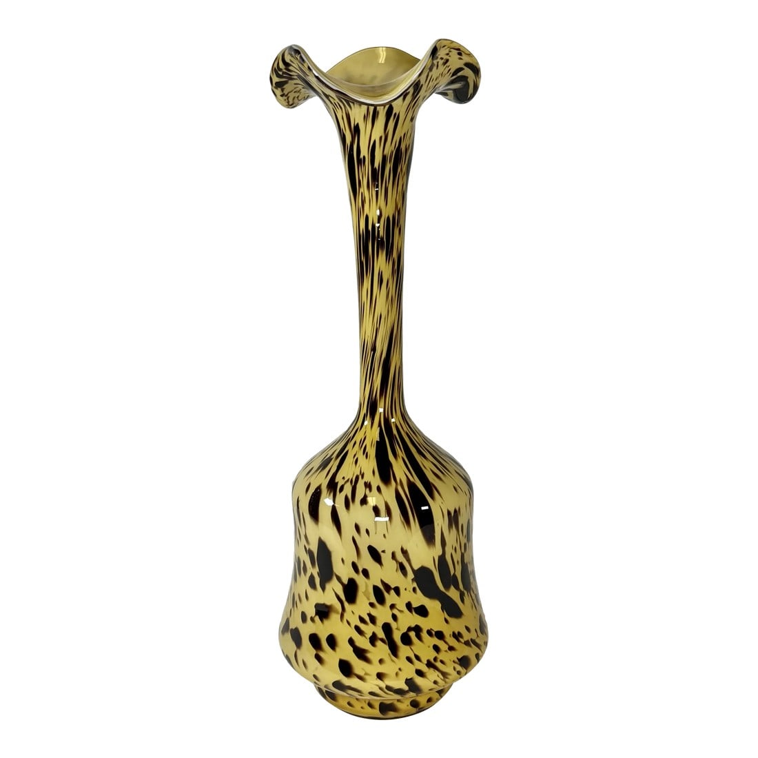 Vintage Tortoise Hand Blown Glass Art Murano Style Flora Form Vase: a touch of elegance to your home with this stunning Vintage Tortoise Hand-Blown Glass Vase, reminiscent of the iconic designs of Venini. Standing at 14.5 inches tall and featuring a 5-inch round base
