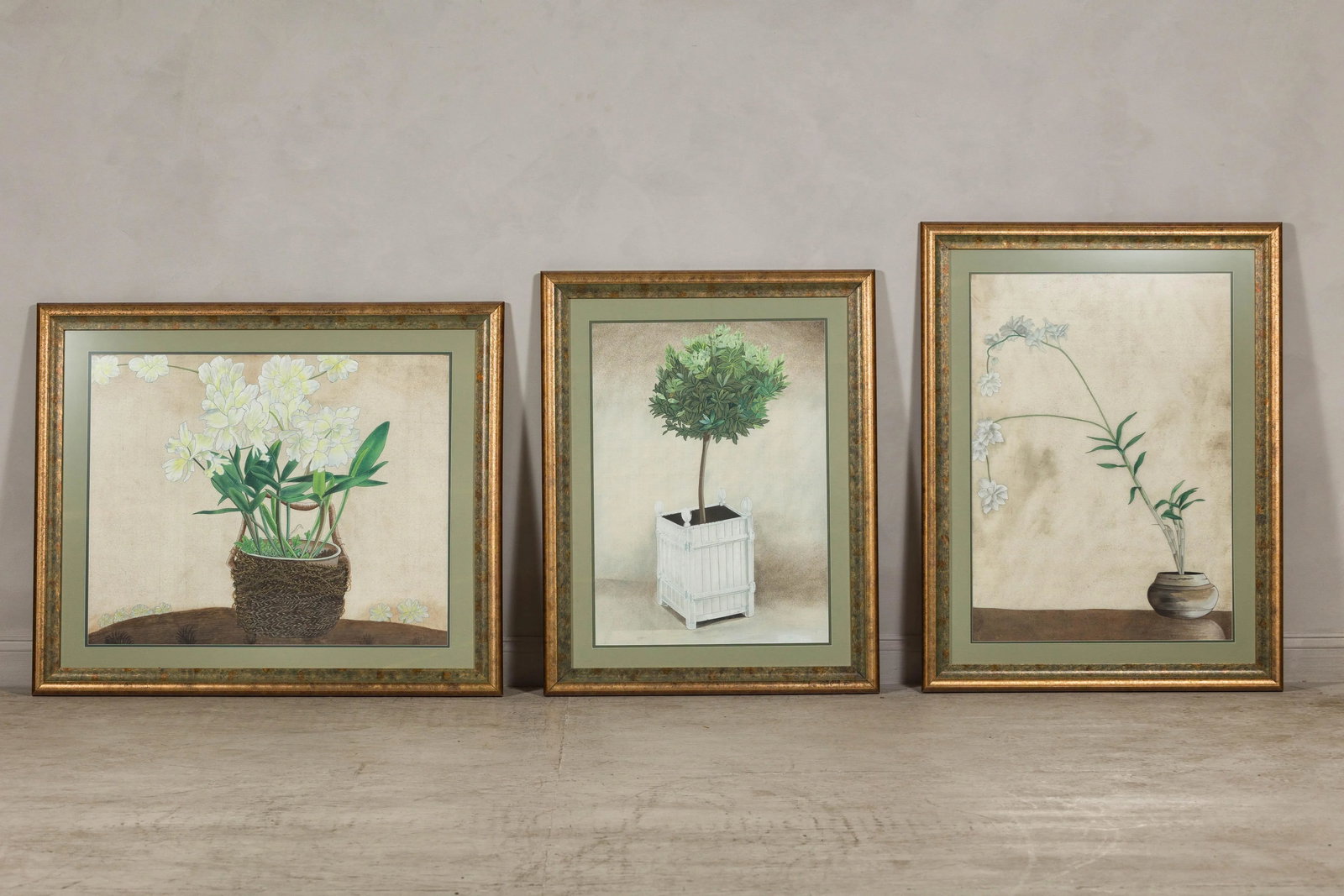 Midcentury Japanese Minimalist Botanical Print in Custom Gold Frame under Glass - 2
