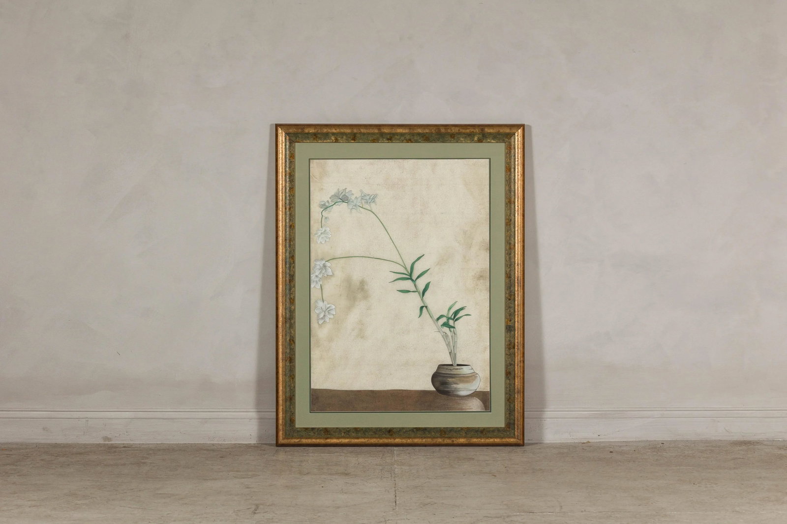 Midcentury Japanese Minimalist Botanical Print in Custom Gold Frame under Glass - 3