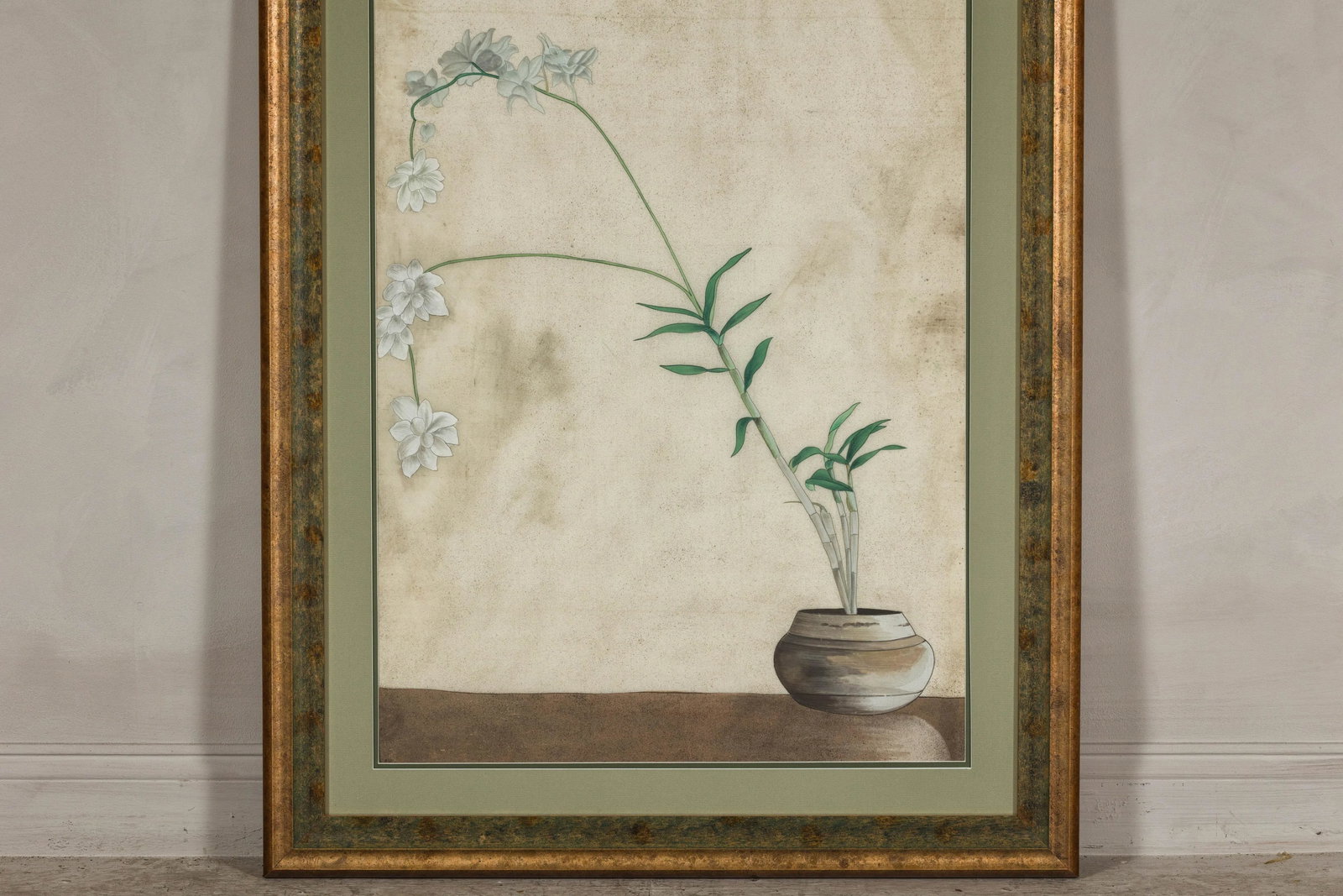 Midcentury Japanese Minimalist Botanical Print in Custom Gold Frame under Glass - 5