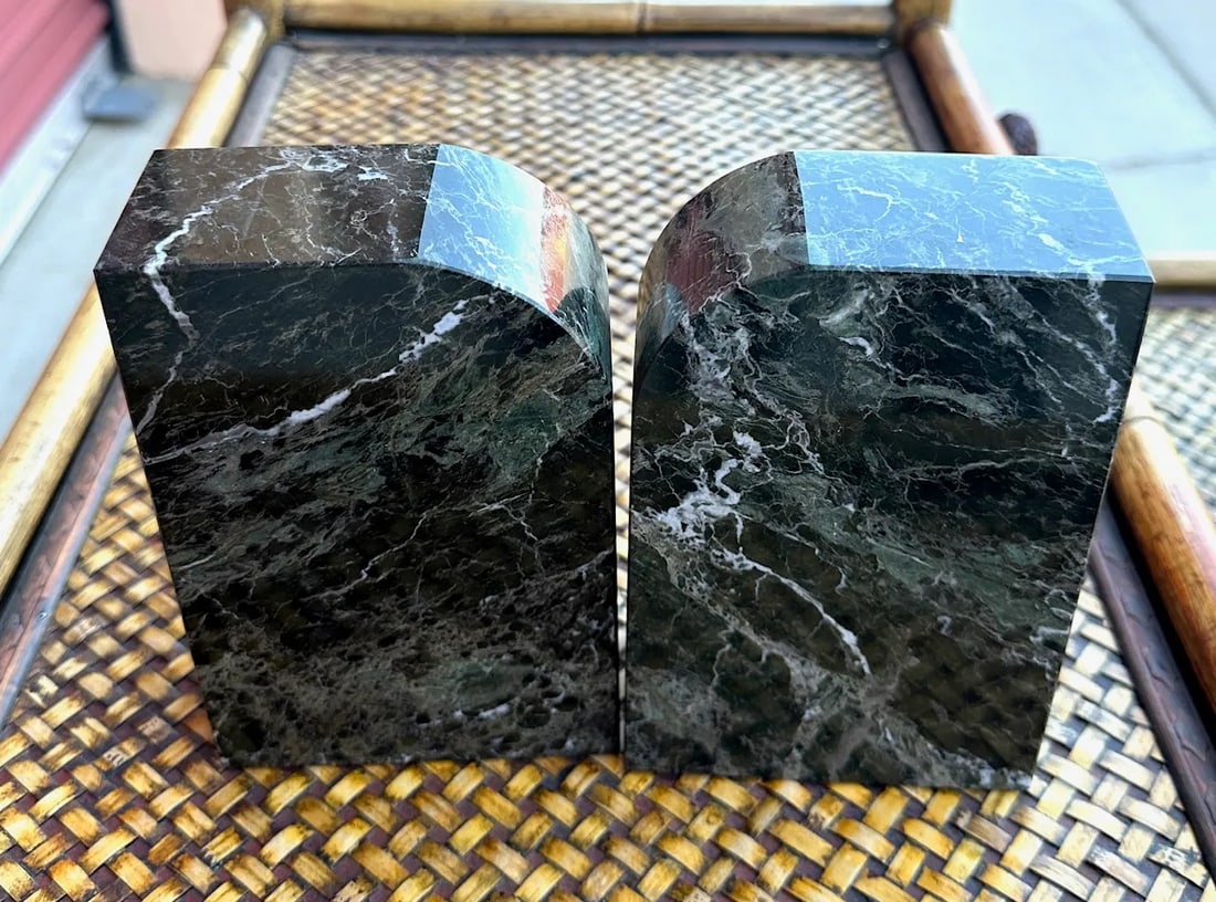 Vintage Set of Green Marble Bookends W/Brass Anchor Motif - 2