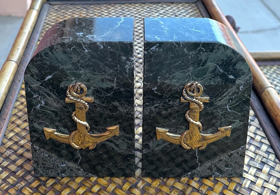 Vintage Set of Green Marble Bookends W/Brass Anchor Motif - 3