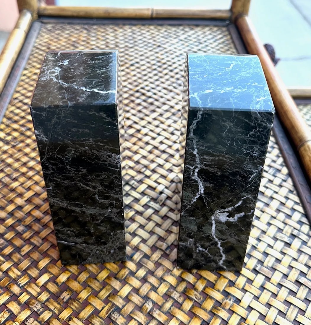 Vintage Set of Green Marble Bookends W/Brass Anchor Motif - 4