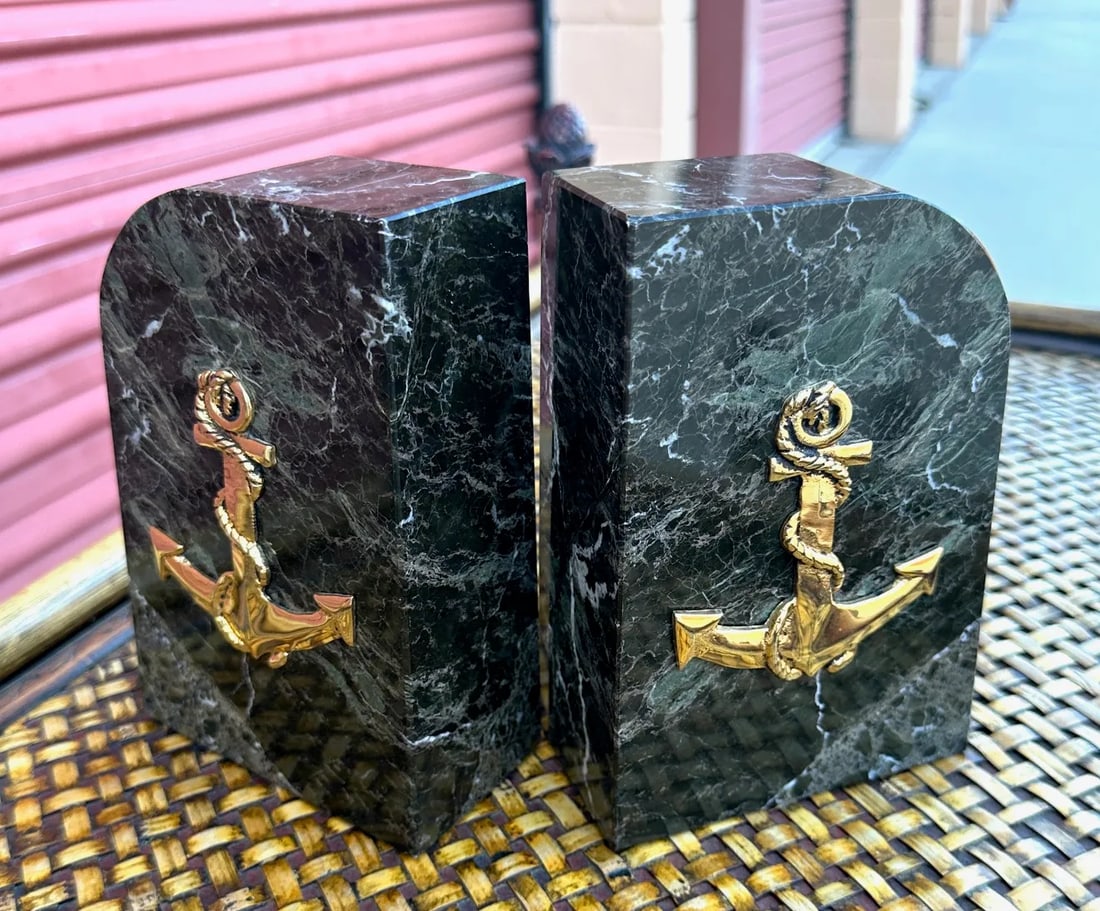 Vintage Set of Green Marble Bookends W/Brass Anchor Motif - 5