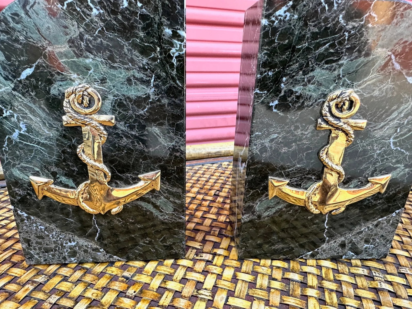 Vintage Set of Green Marble Bookends W/Brass Anchor Motif - 6