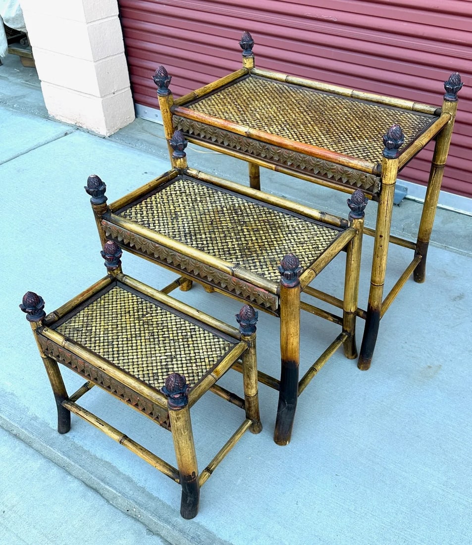 Vintage Bamboo & Woven Rattan Nesting Tables - 2