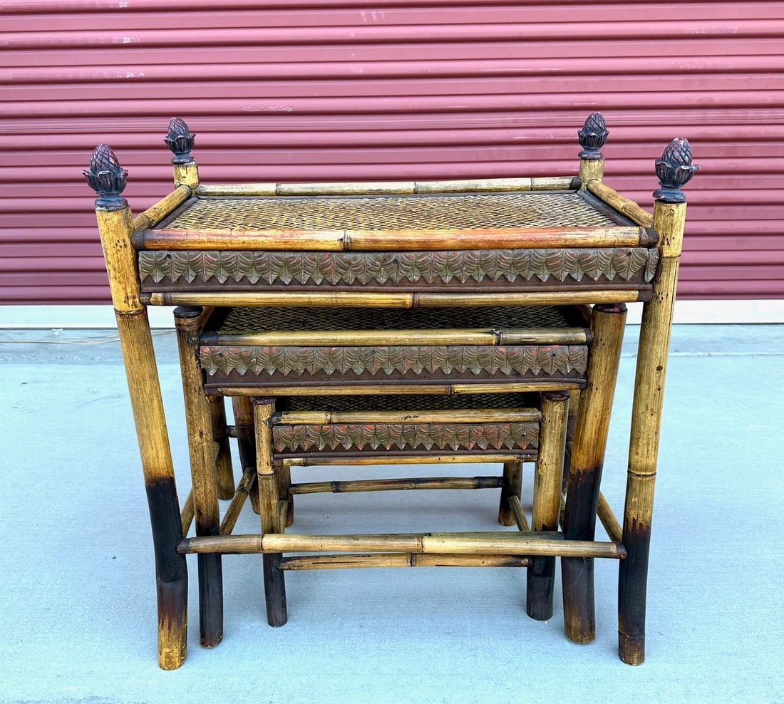 Vintage Bamboo & Woven Rattan Nesting Tables - 3