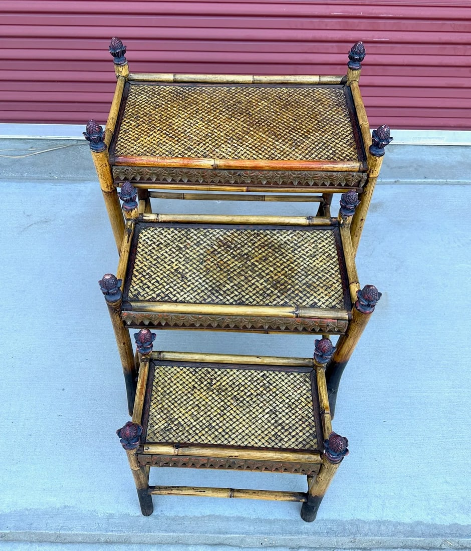 Vintage Bamboo & Woven Rattan Nesting Tables - 4