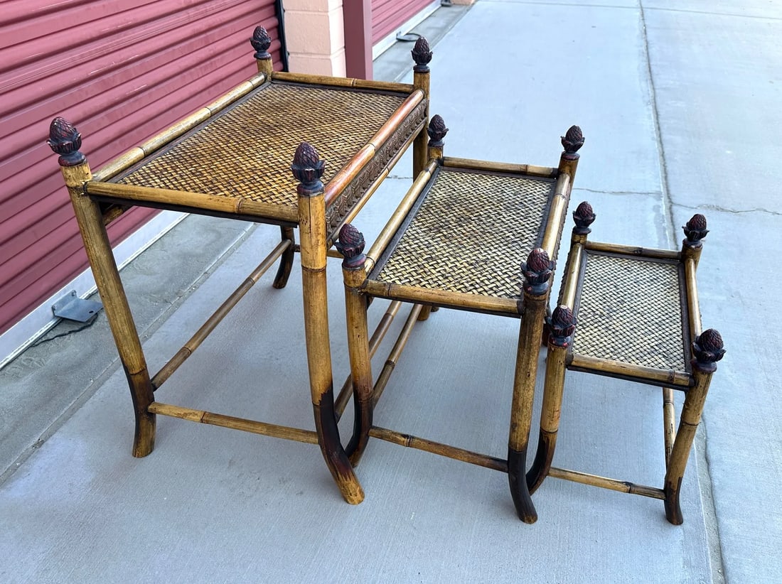 Vintage Bamboo & Woven Rattan Nesting Tables - 5