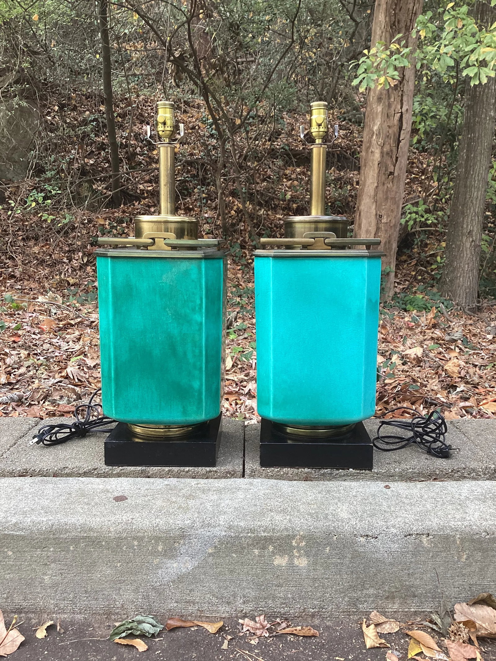 Pair of Edwin Cole for Stiffel Mid-Century Modern Turquiose Lamps With Antique Brass Hardware and Eb - 10