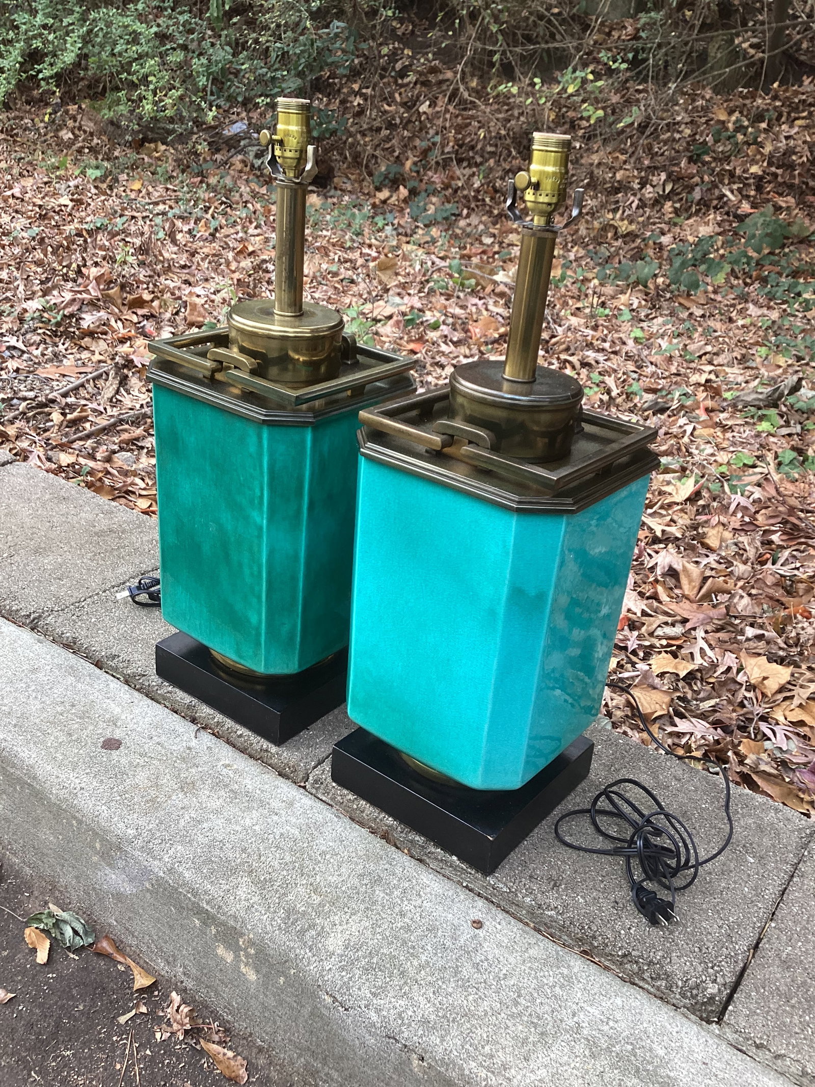 Pair of Edwin Cole for Stiffel Mid-Century Modern Turquiose Lamps With Antique Brass Hardware and Eb - 11