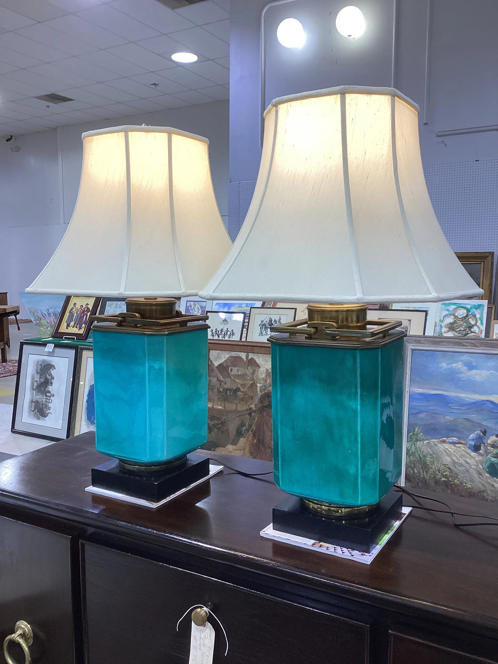 Pair of Edwin Cole for Stiffel Mid-Century Modern Turquiose Lamps With Antique Brass Hardware and Eb - 2