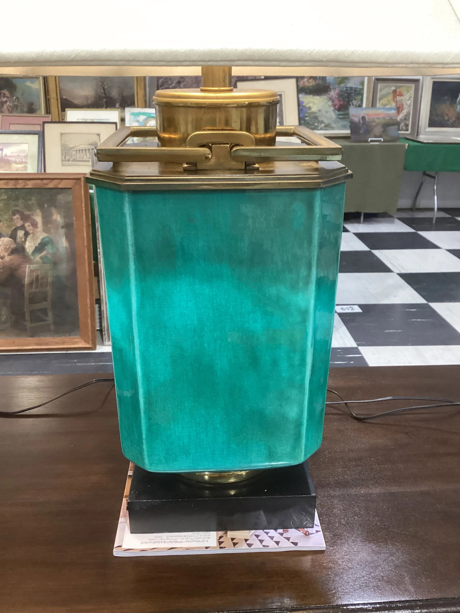 Pair of Edwin Cole for Stiffel Mid-Century Modern Turquiose Lamps With Antique Brass Hardware and Eb - 3