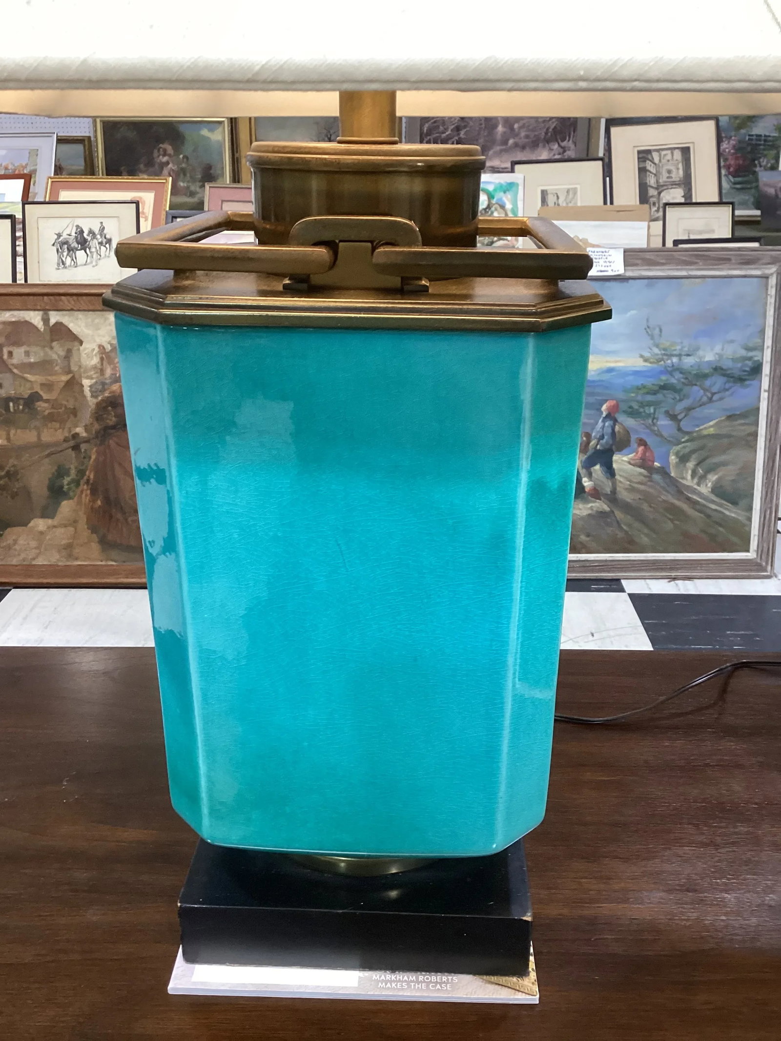 Pair of Edwin Cole for Stiffel Mid-Century Modern Turquiose Lamps With Antique Brass Hardware and Eb - 4