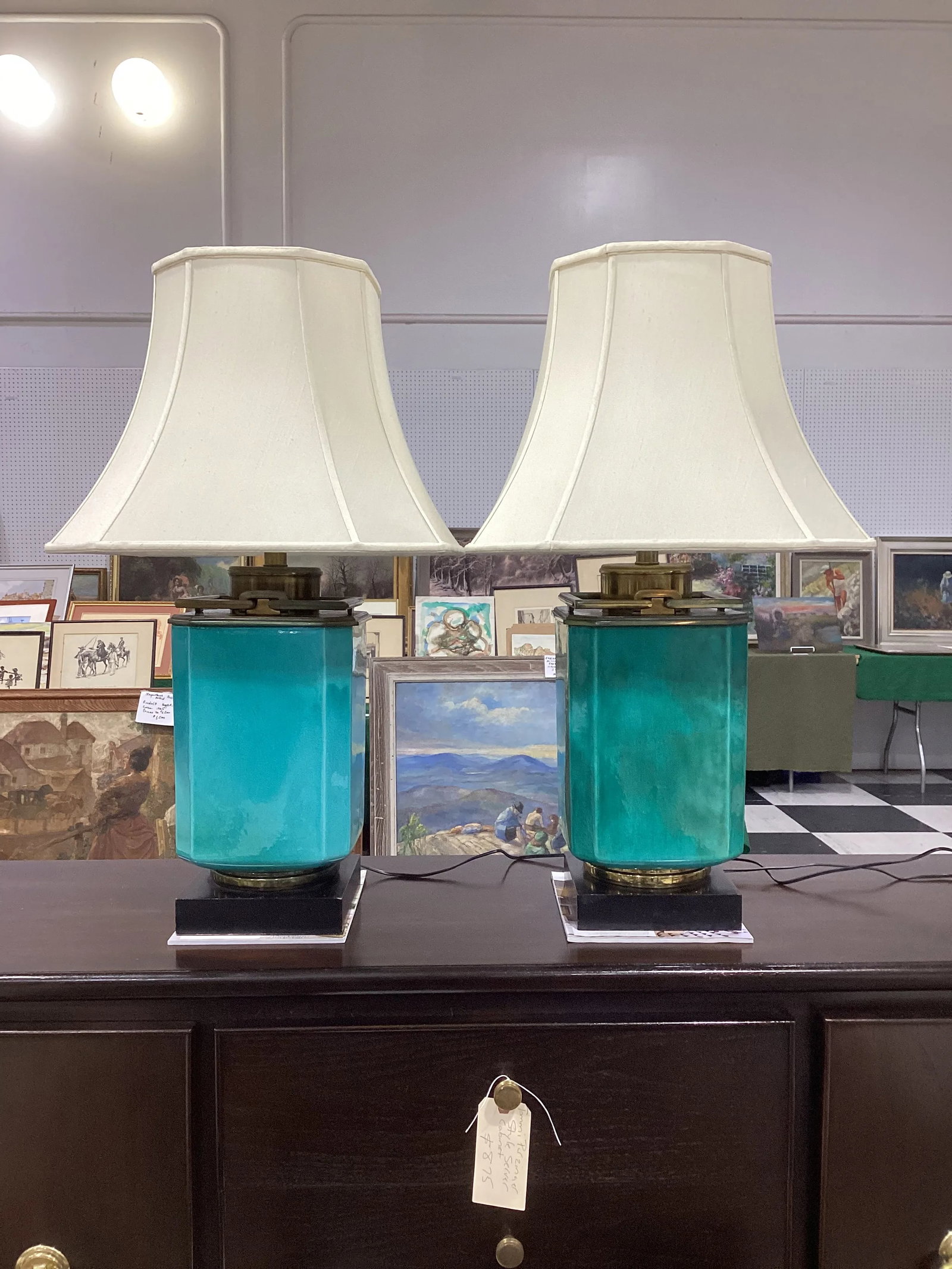 Pair of Edwin Cole for Stiffel Mid-Century Modern Turquiose Lamps With Antique Brass Hardware and Eb - 5