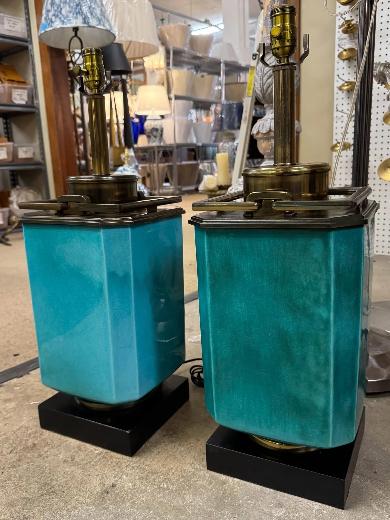 Pair of Edwin Cole for Stiffel Mid-Century Modern Turquiose Lamps With Antique Brass Hardware and Eb - 6