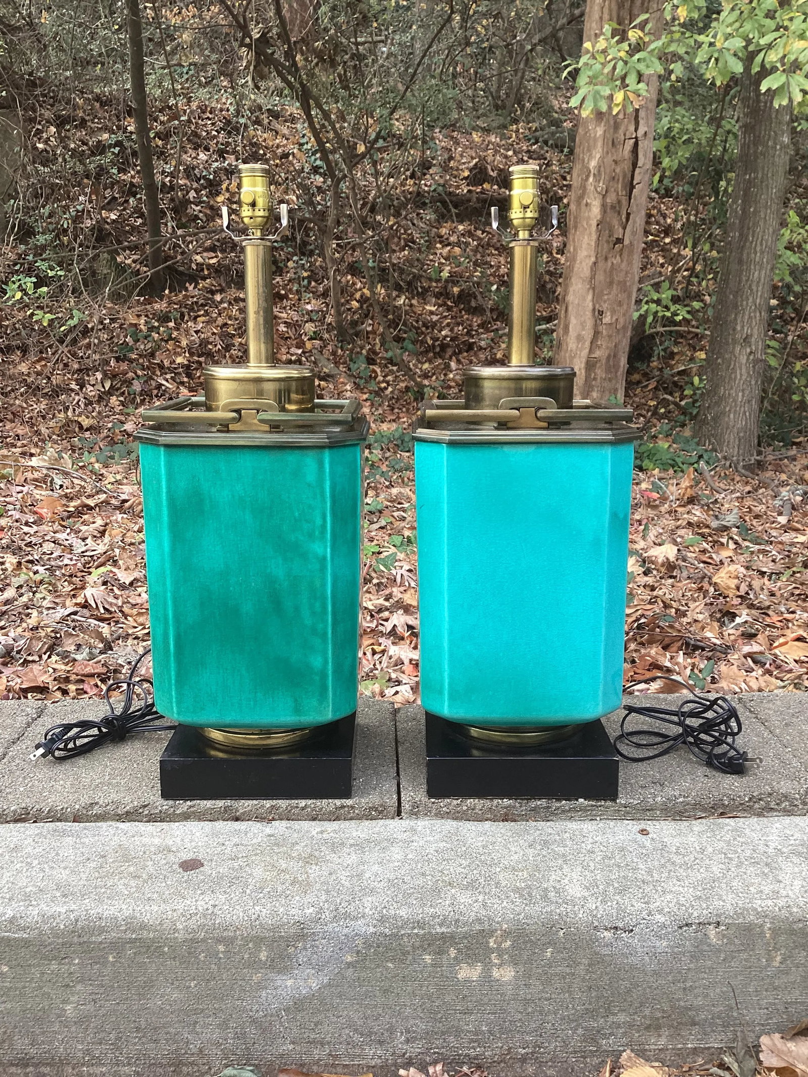 Pair of Edwin Cole for Stiffel Mid-Century Modern Turquiose Lamps With Antique Brass Hardware and Eb - 7