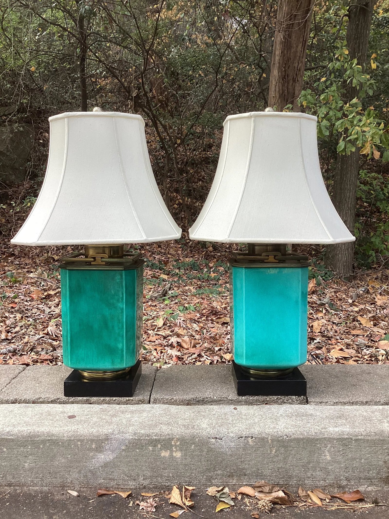 Pair of Edwin Cole for Stiffel Mid-Century Modern Turquiose Lamps With Antique Brass Hardware and Eb - 8