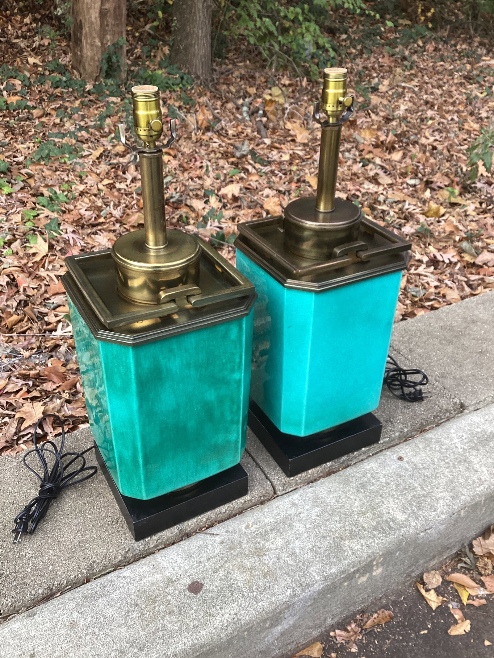 Pair of Edwin Cole for Stiffel Mid-Century Modern Turquiose Lamps With Antique Brass Hardware and Eb - 9