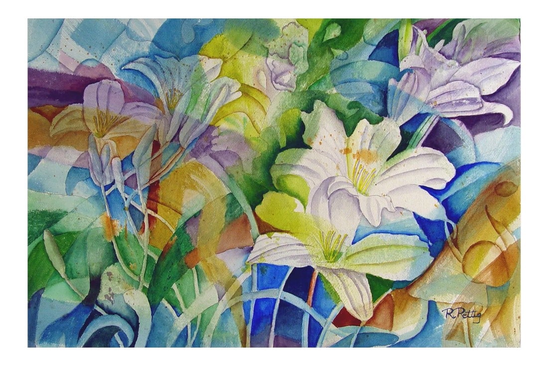 1960s Abstract Lilies Watercolor Painting: Watercolor on paper of abstract lilies by Rose Rettig (20th century) Texas. Unframed. Age toning. Condition: Alterations: Original Condition Unaltered Imperfections: Some Imperfections Condition