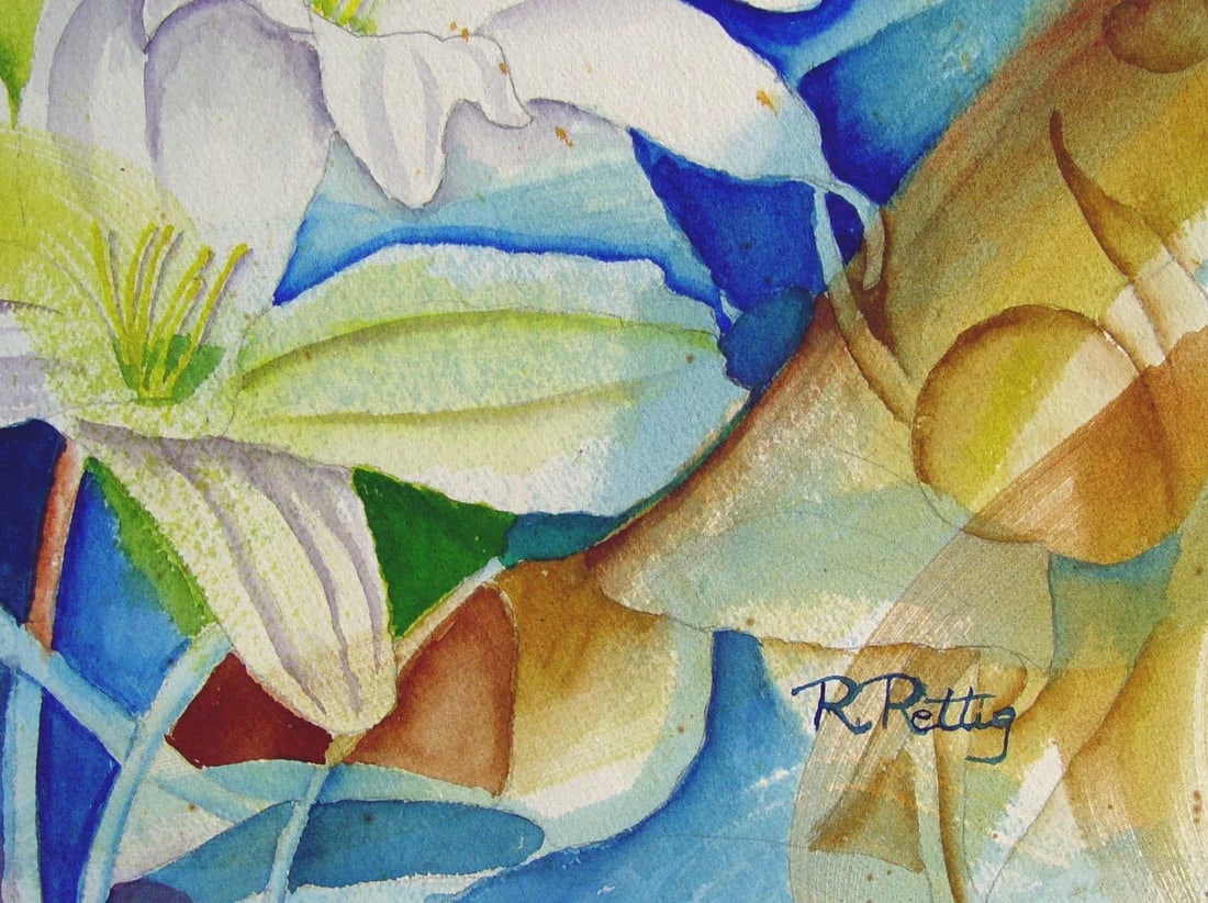 1960s Abstract Lilies Watercolor Painting - 2