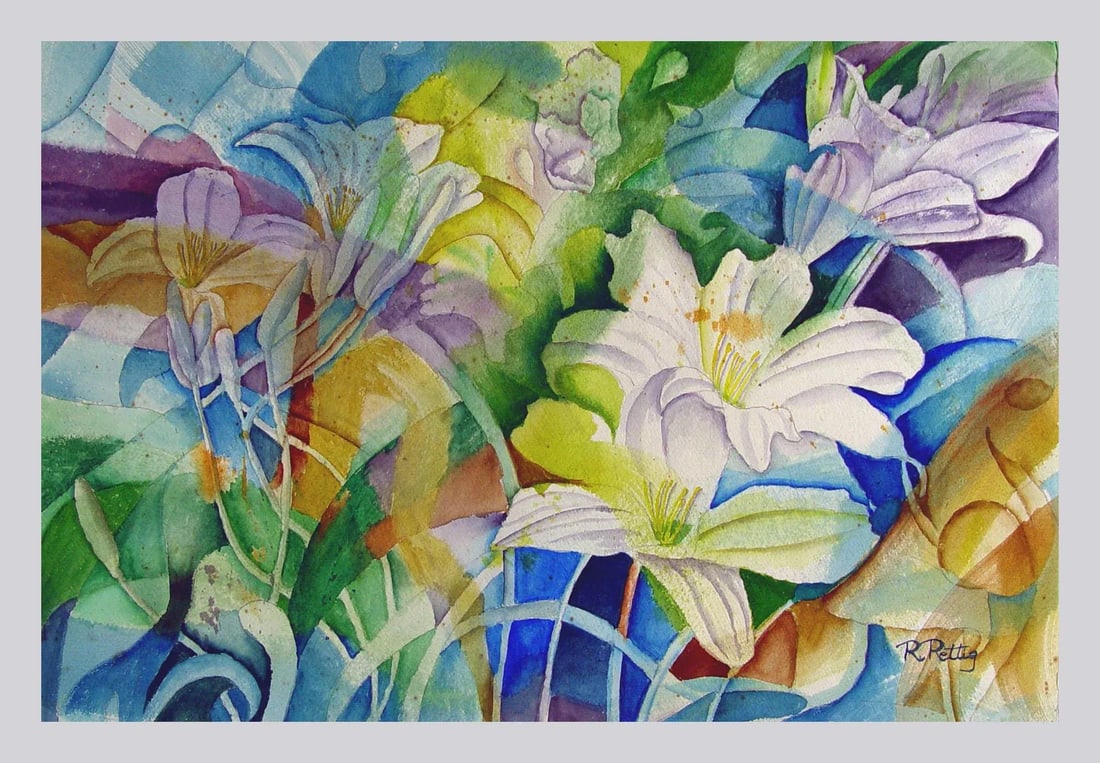 1960s Abstract Lilies Watercolor Painting - 3