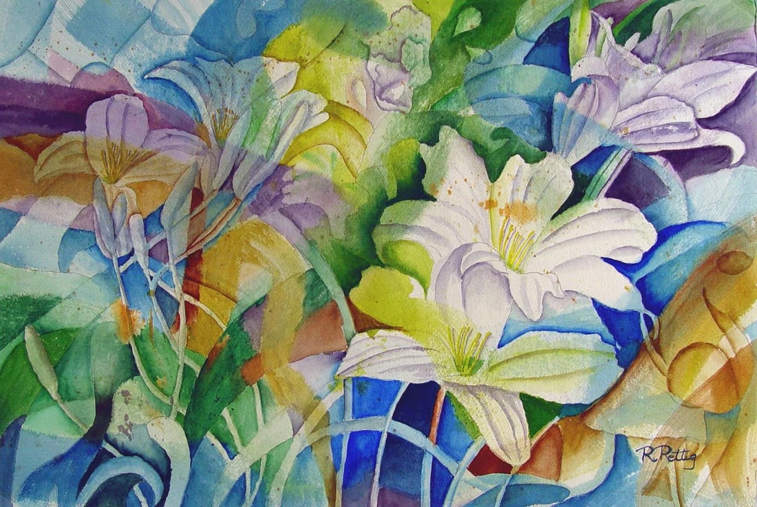 1960s Abstract Lilies Watercolor Painting - 4