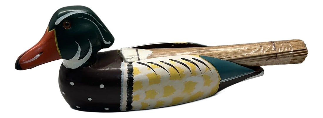 1970s Mallard Duck Match Stick Holder With Matches: 1970s wooden hand painted mallard duck that hold long stick matches. It will come with a set of stick matches that are original to the duck. There is a small match striker place underneath the ducks