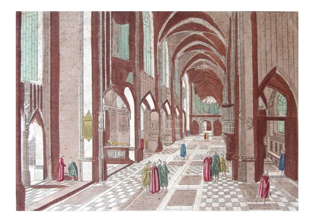 1760's French Engraving Interior of Cathedral De Dorth: Vue Interieure de la Cathedrale de Dorth, a hand-colored engraving of the interior of the cathedral in Dorth, near Wiesbaden. Published by Daumont, Paris, 1760. Image, 15.5"L x 11"H. Unframed, edge