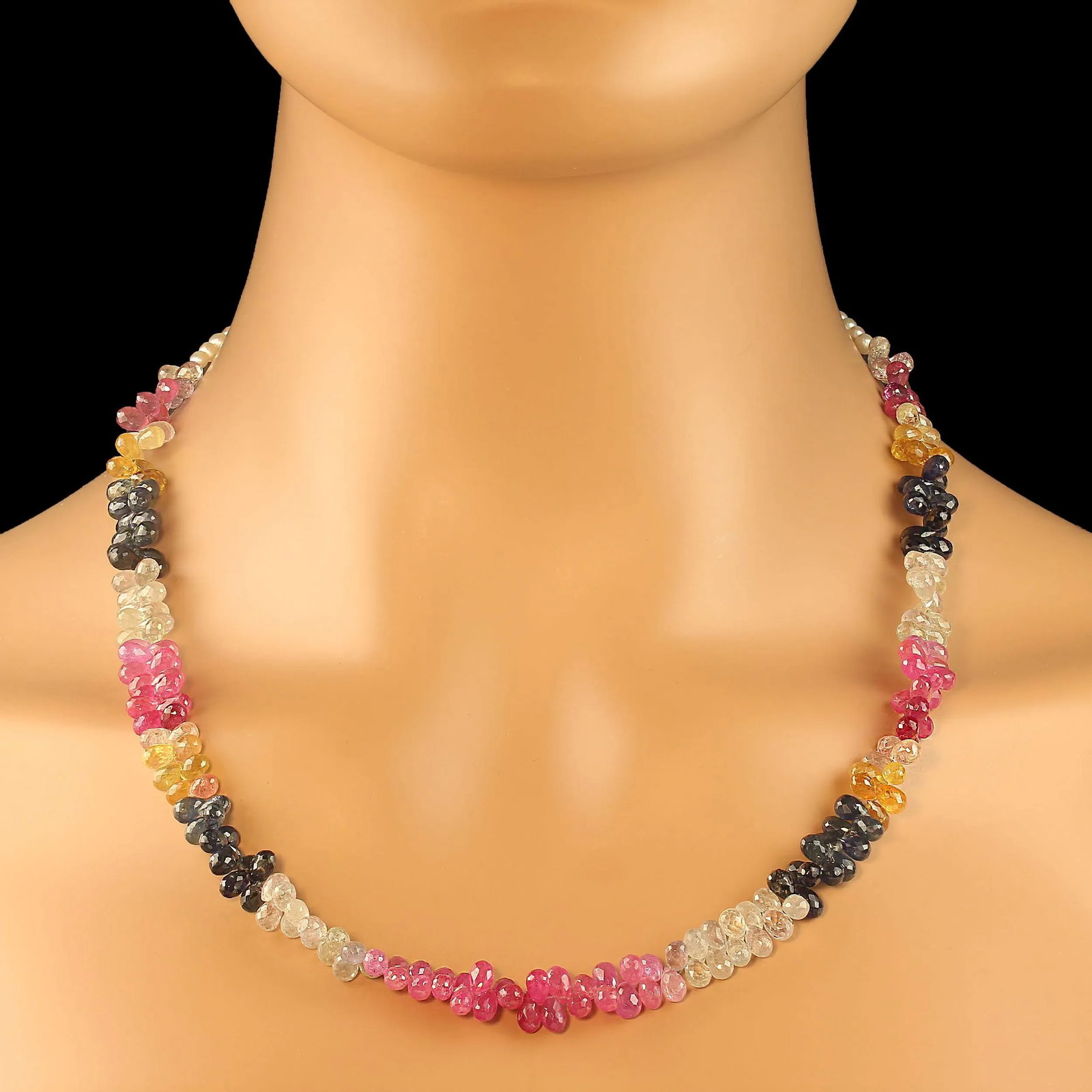 Multi Color Faceted Briolette Sapphire Necklace With Pearls - 2