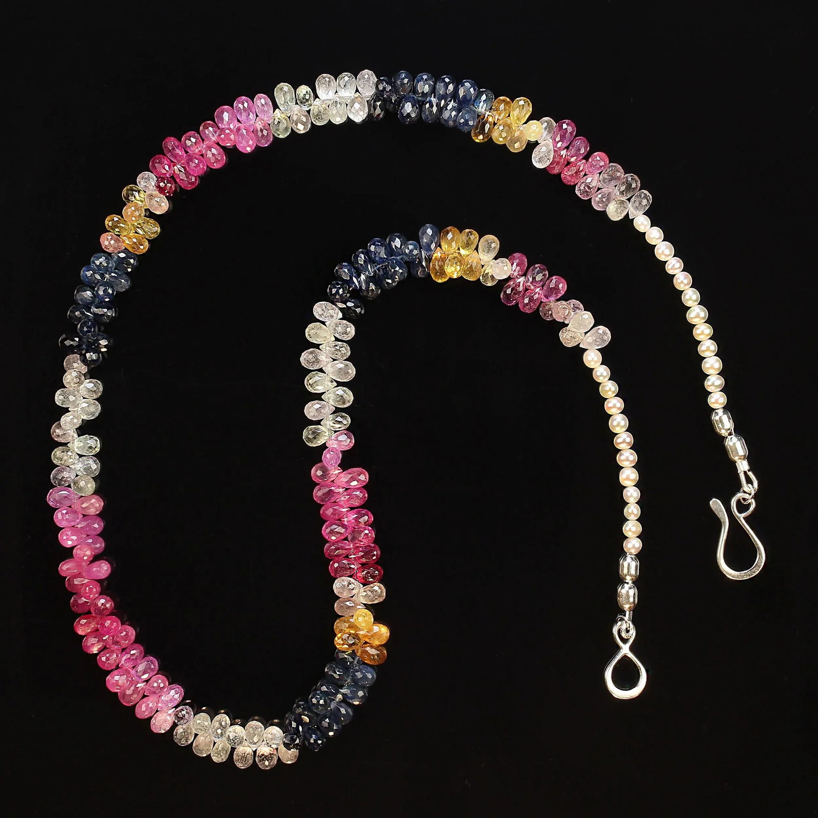 Multi Color Faceted Briolette Sapphire Necklace With Pearls - 4