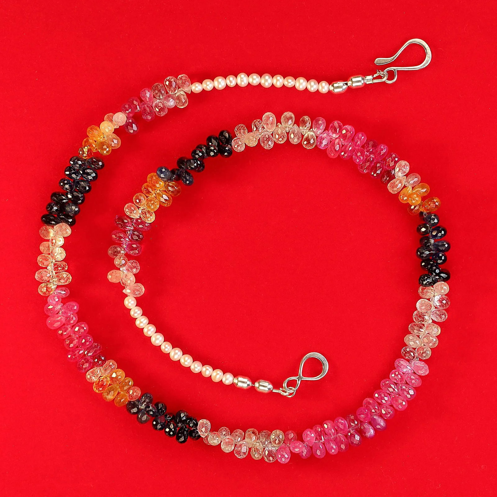 Multi Color Faceted Briolette Sapphire Necklace With Pearls - 5
