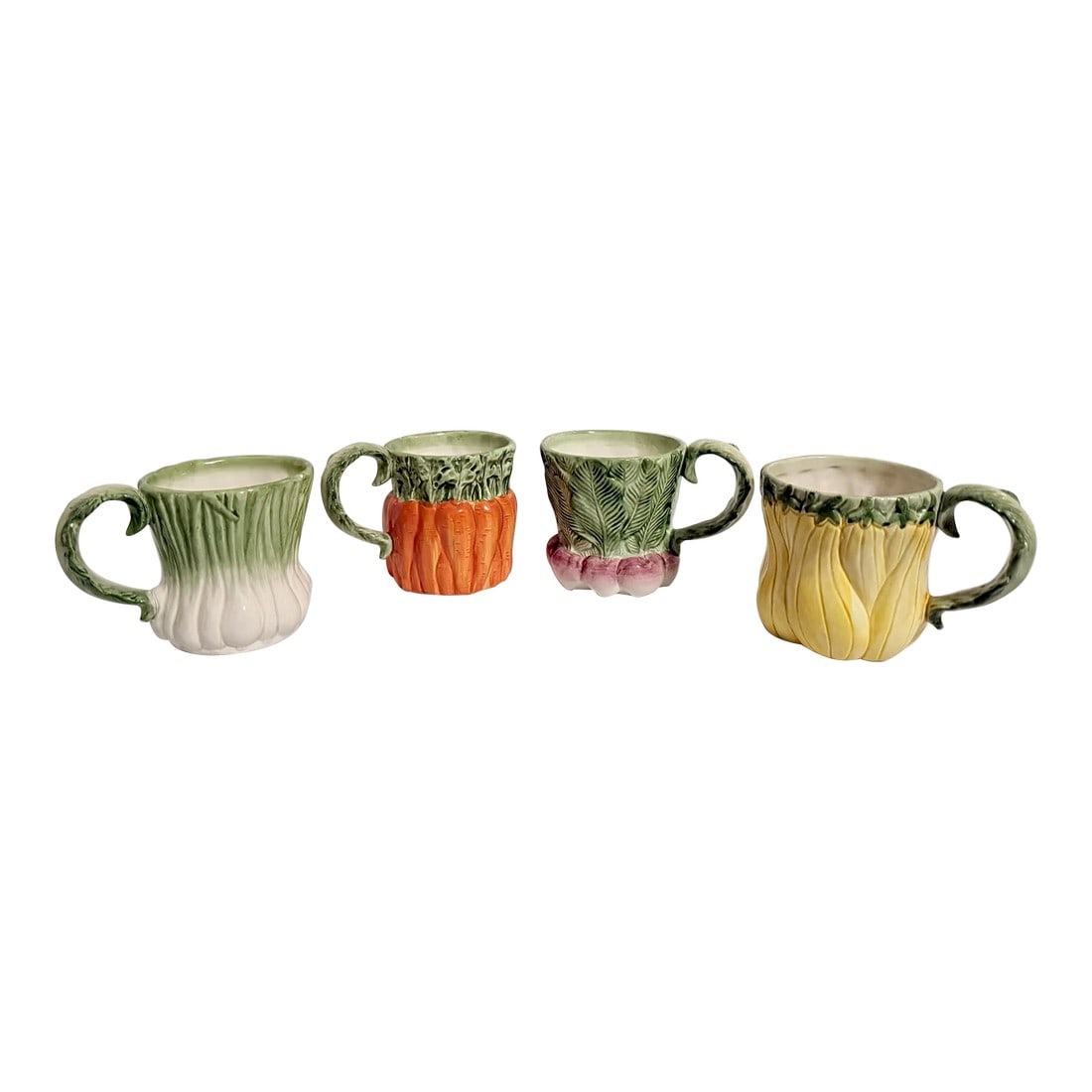 Chic Vintage 1988 Fitz and Floyd Harvest Vegetable Mugs - Set of 4: Delight in the charm of the Vintage 1988 Fitz and Floyd Harvest Vegetable Mugs, a beautifully crafted set of four that brings a touch of whimsy and seasonal warmth to your table. Each mug features a