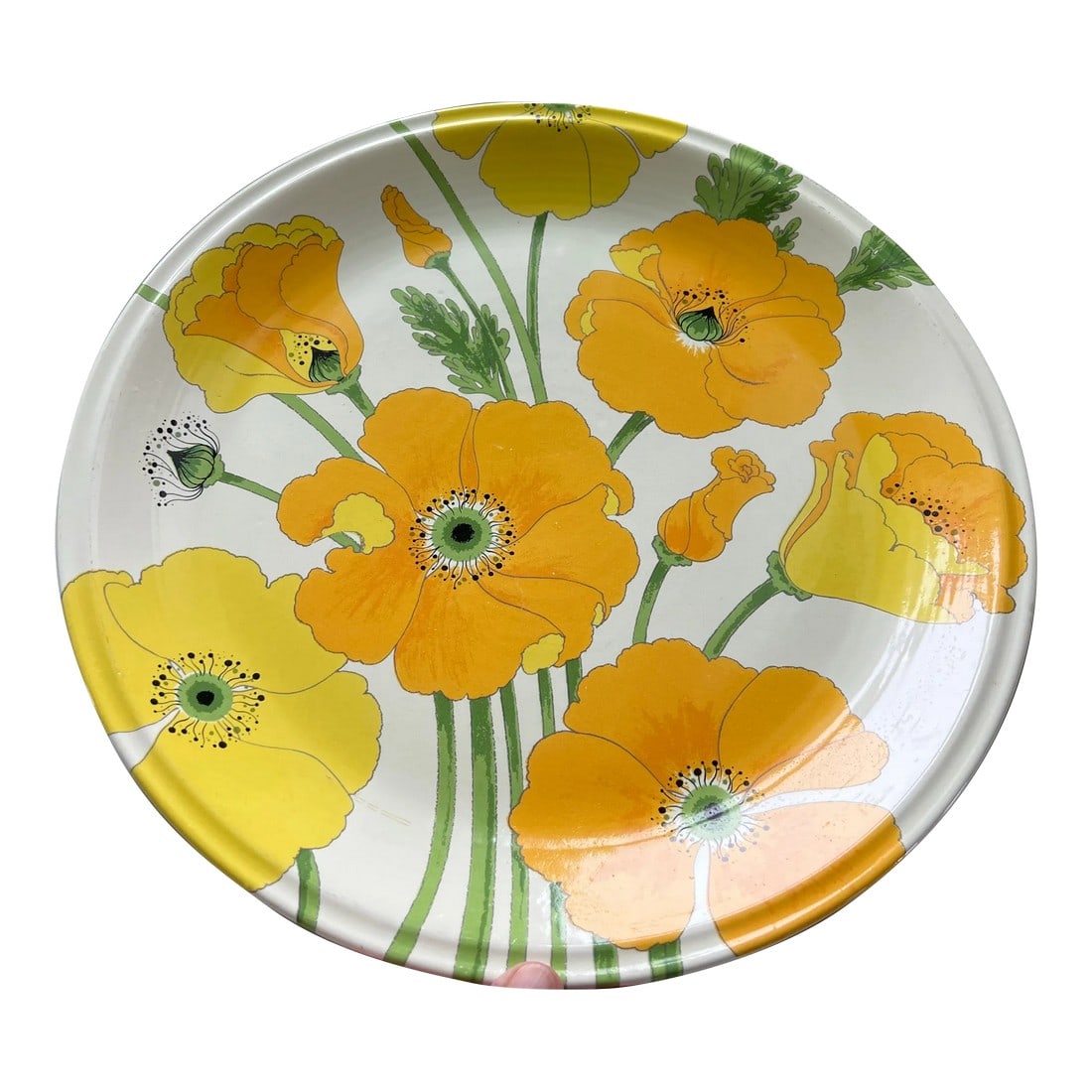 Mid Century 13" Platter by Metlox Poppytrail Wild Poppy: Wonderful vintage platter by Metlox Poppytrail. The colors really stand out with its bright orange, yellow and green. The matching pitcher is listed separately. Condition: Alterations: Original Condit