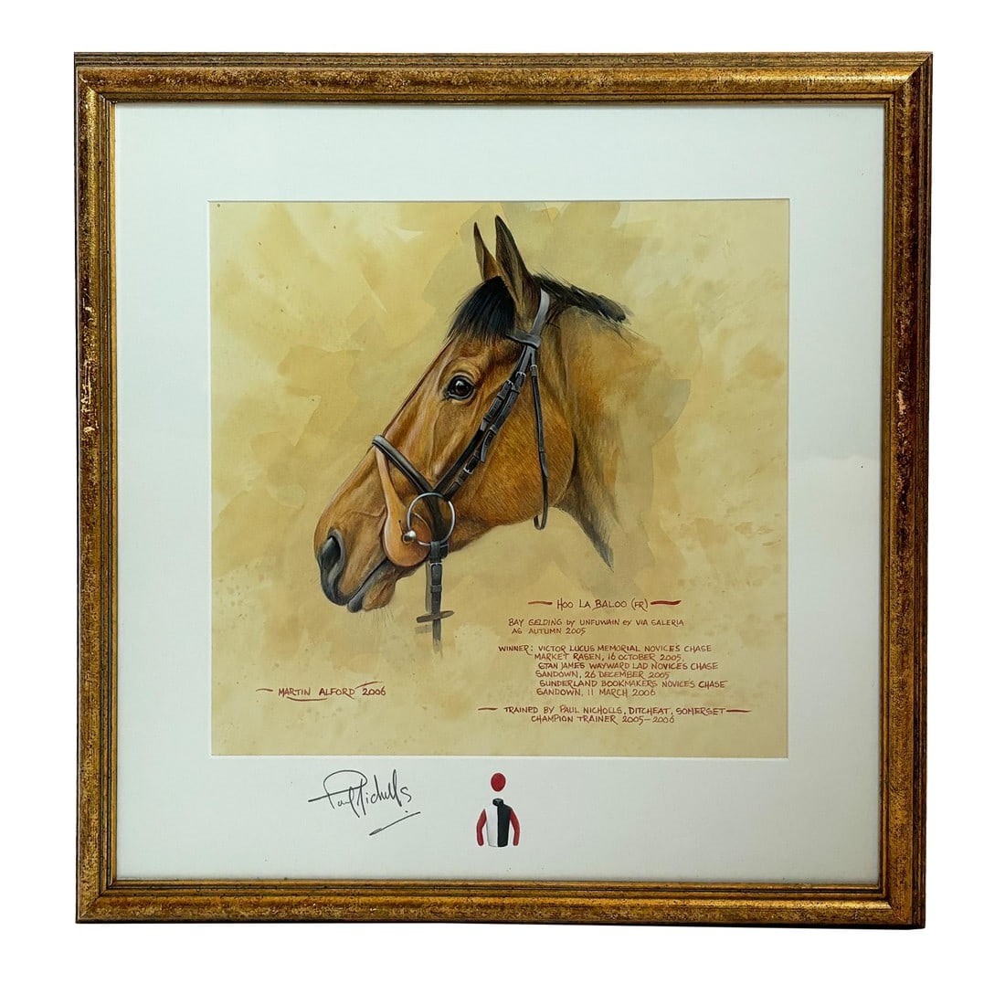 2000s "Hoo La Baloo" Vintage French Equestrian Watercolor Horse Painting by Martin Alford: Add a sophisticated touch to your décor with this vintage watercolor painting of a French race horse named Hoo La Baloo. This is an original watercolor on paper by artist Martin Alford
