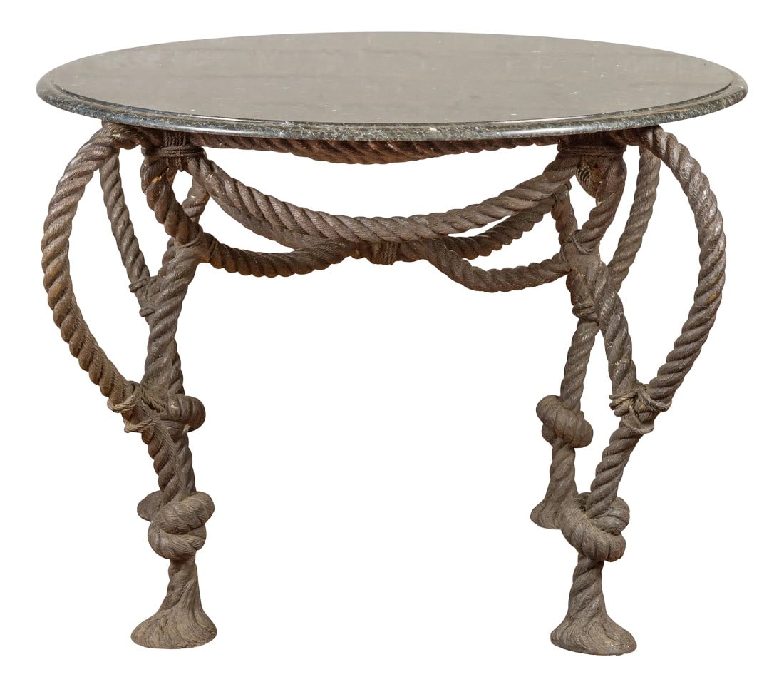 Tall Contemporary Bronze Nautical Rope Table: A contemporary bronze dining table or center table base in the manner of Maison Jansen, with nautical rope theme, tassels and dark patina. The tops are not included but shown on the photos to allow a